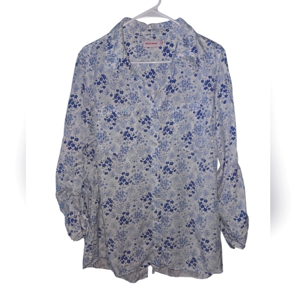 Floral‎ Button-Up Blouse, Size 1X, Roll Tab Sleeves, Slits, EUC